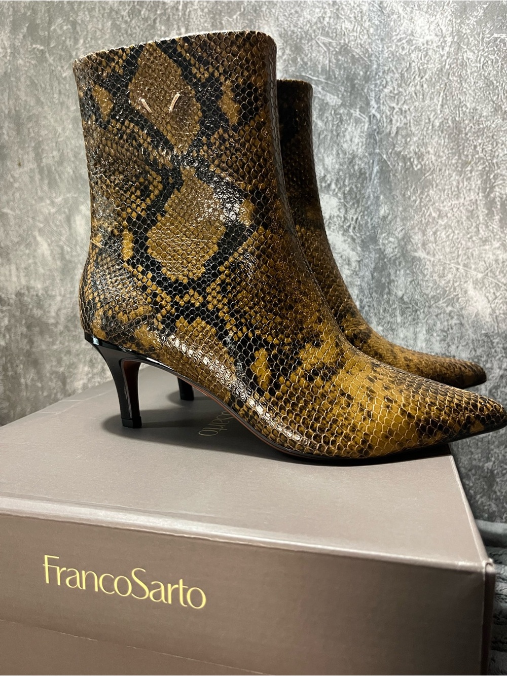 Franco Sarto Leather Snake-Print Pointed Kitten Heel Ankle Boots